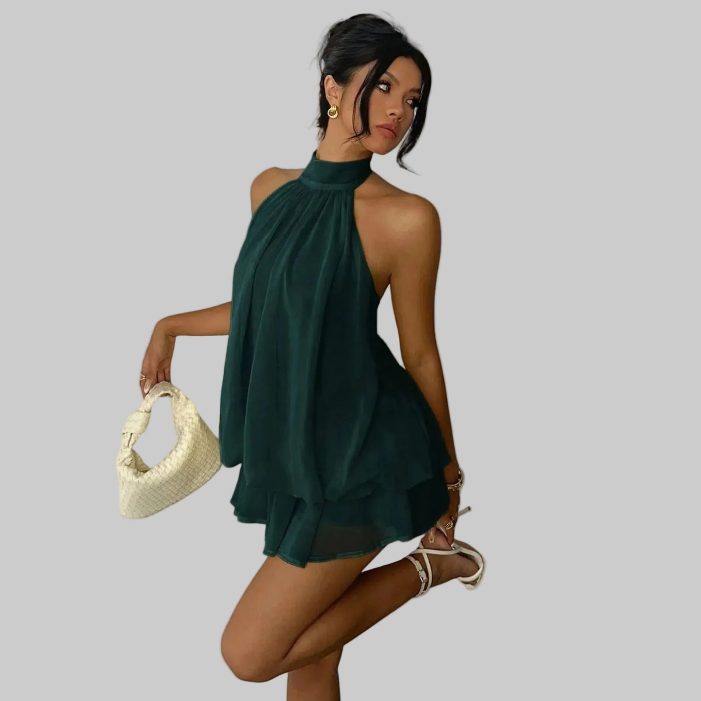 Solid-color Sleeveless Waist-cinching